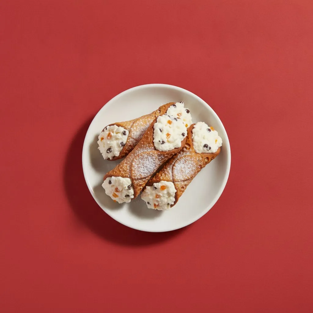 Three cannoli on a small plate, on a red square