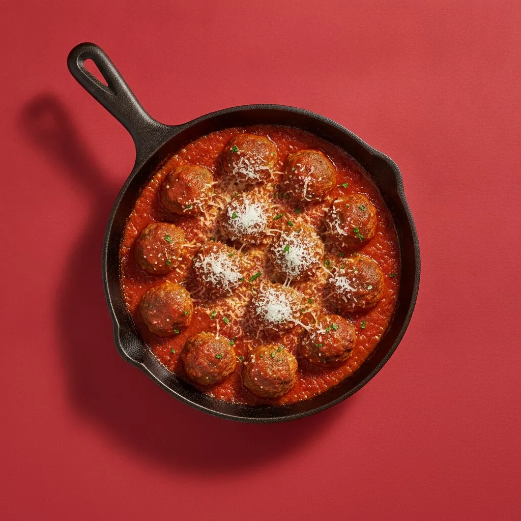 Overhead photo of meatballs in tomato sauce in a cast iron skillet on a red square
